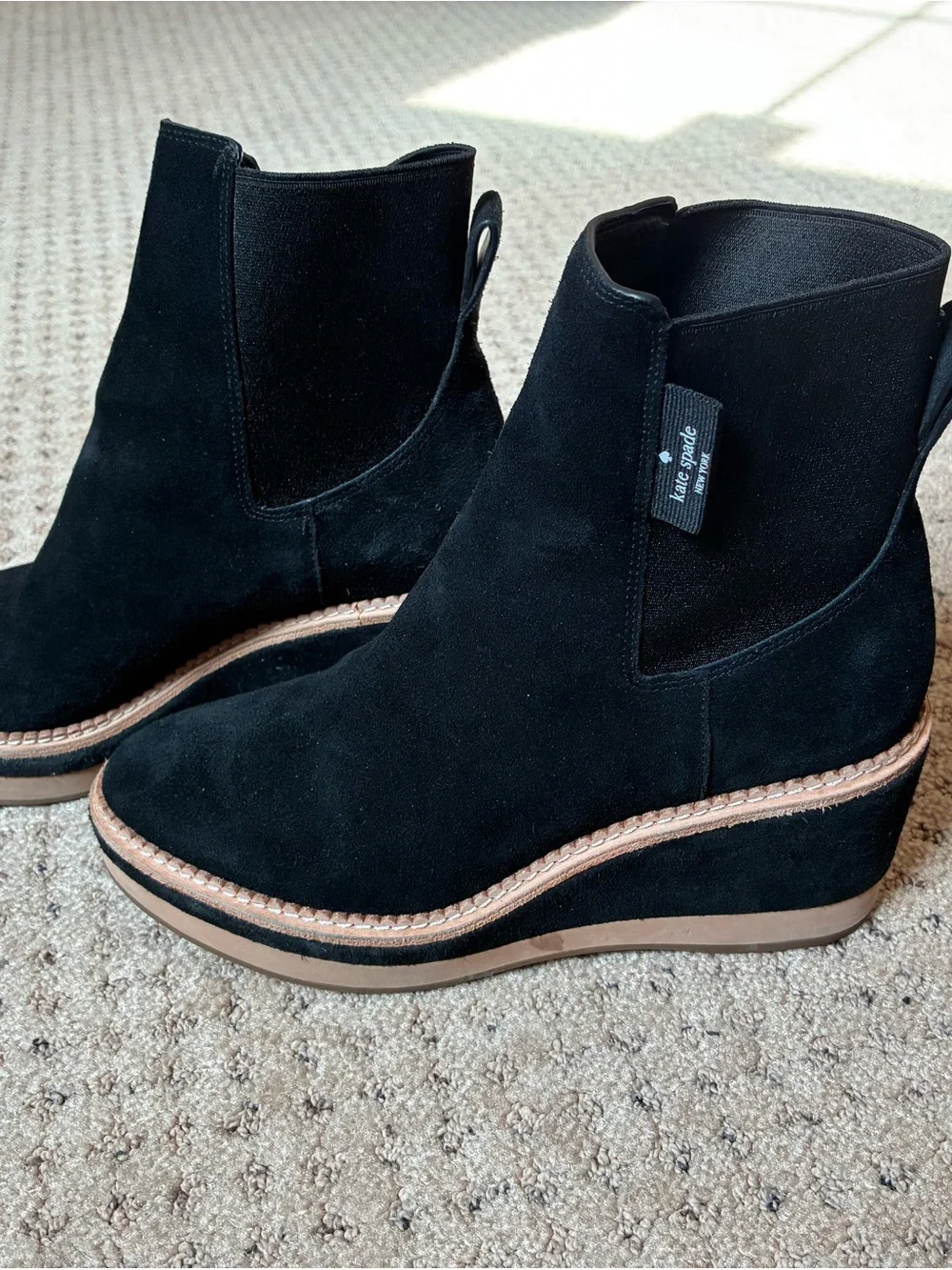 kate spade Black Suede Ankle Boots with Tan Trim